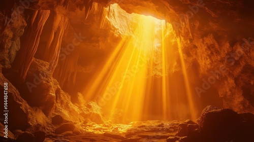 Eerie and Enigmatic Cave Interior Illuminated by Golden Sunlight Rays Streaming Through an Opening in the Ceiling, Creating a Magical Atmosphere