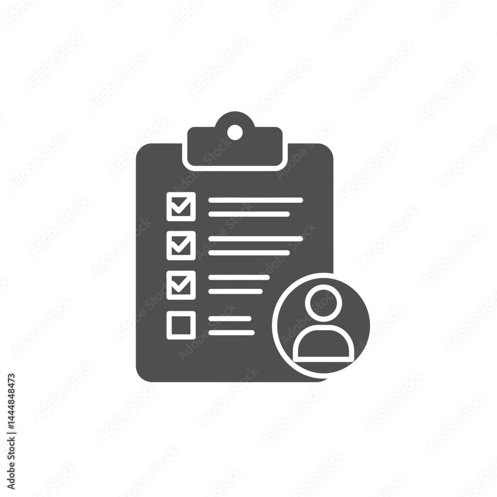 Clipboard Icon with Person: An artistic illustration of a clipboard with a checklist and a person, signifying task completion, monitoring, or personnel management. Clipboard Icon with Person: An artistic illustration of a clipboard with a checklist and a person, signifying task completion, monitoring, or personnel management.