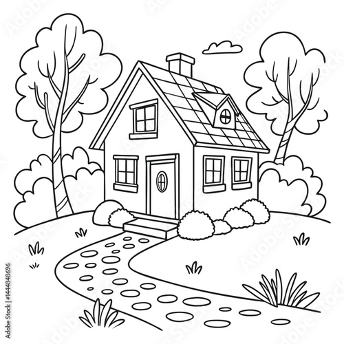 Vector illustration of house in the forest coloring book page