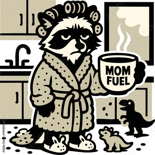 A Tired Raccoon Dressed As A Mom Holding A Mom Fuel Mug In A Cartoon Style Kitchen