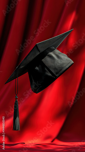 Graduation Cap on Red Drape: A black graduation cap with tassel elegantly poised against a rich red fabric backdrop, symbolizing achievement and the commencement of a new chapter.