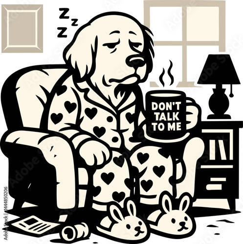 Sleepy Dog In Pajamas Sits With A Coffee Mug In A Cartoon Style Illustration Depiction