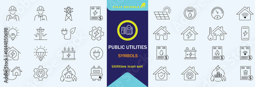 Public utilities web icons line set. Public Utilities Water, Fuel, Electricity, gas, garage, Solar House, Rent receipt, Maintainence, and More vector illustration
