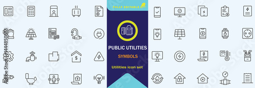 Public utilities web icons line set. Public Utilities Water, Fuel, Electricity, gas, garage, Solar House, Rent receipt, Maintainence, and More vector illustration