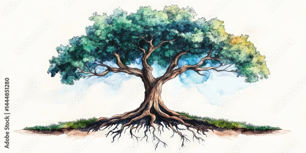 Symbolic Watercolor Tree with Visible Roots Representing Nature's Connection