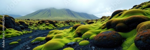 Rolling moss-covered lava, Iceland Ancient volcanic landscape , unique, green