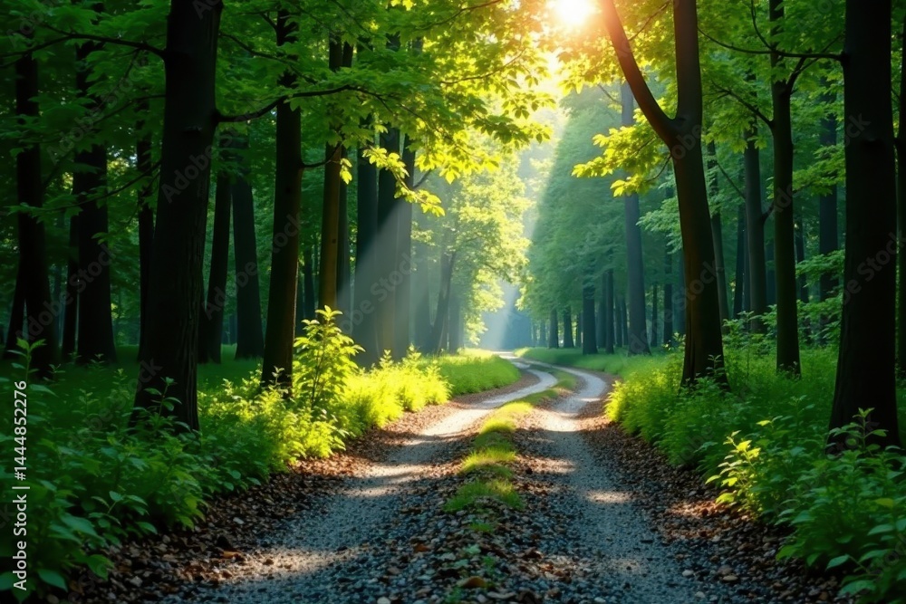 Fototapeta premium Narrow gravel road curves through dense forest, sunlight dappling leaves , nature, light