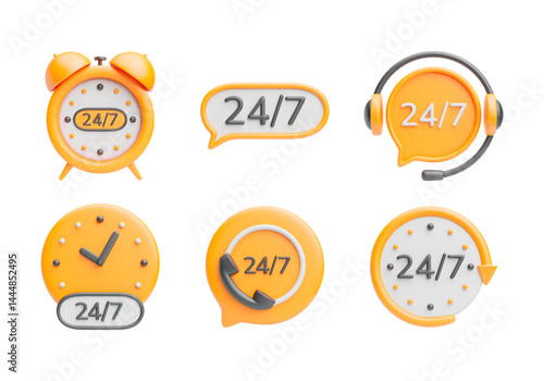 3d set of 24-hour 7-day customer service icon. Vector symbol of help, call center and technical support. Call center and chat message sign for client support. Realistic illustration isolated on white
