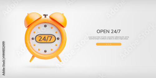 24 hour 7 days service 3d banner. Yellow vector alarm clock with 24, 7 description on dial face. Concept of all-day 24 hour customer service. Realistic support service web page, light gray background