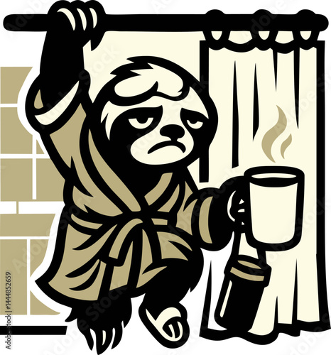Sloth In Robe Hangs From Curtain Rod Holding Coffee With A Weary Tired Expression