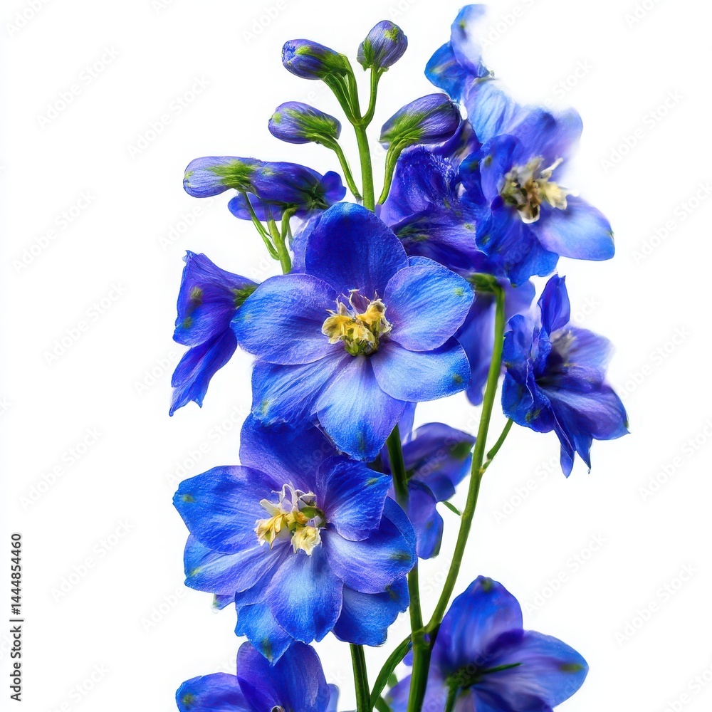 A close up of a vibrant blue delphinium flower on white background A close up of a vibrant blue delphinium flower on white background