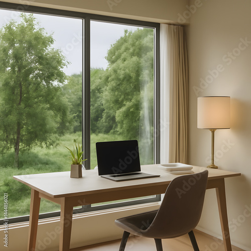Bright workspace with a laptop, lamp, and plant by a large window overlooking greenery