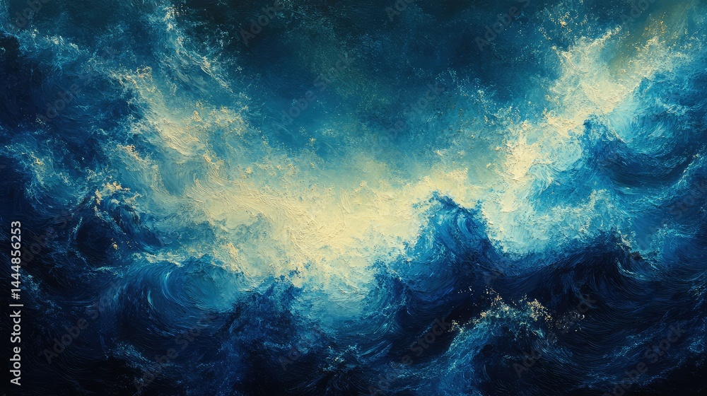 Majestic Ocean Waves in Turbulent Blues and White Foamy Crests Underneath a Dramatic Sky Light Creating a Stunning Seascape for Scenic Representations of Nature's Power Majestic Ocean Waves in Turbulent Blues and White Foamy Crests Underneath a Dramatic Sky Light Creating a Stunning Seascape for Scenic Representations of Nature's Power