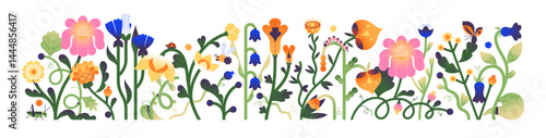 Border with different wildflowers, grass and butterflies, bugs. Banner with floral composition. Abstract flowers, bloom meadow and garden plants. Flat isolated vector illustration on white background