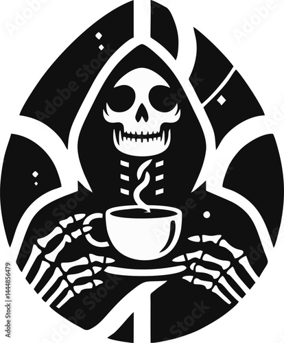 Monochrome Illustration Of A Skeleton Holding A Cup Set Against A Decorative Black Background