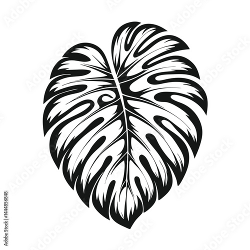 Monstera Deliciosa Leaf Silhouette, Tropical Plant, Elegant Design, Black and White