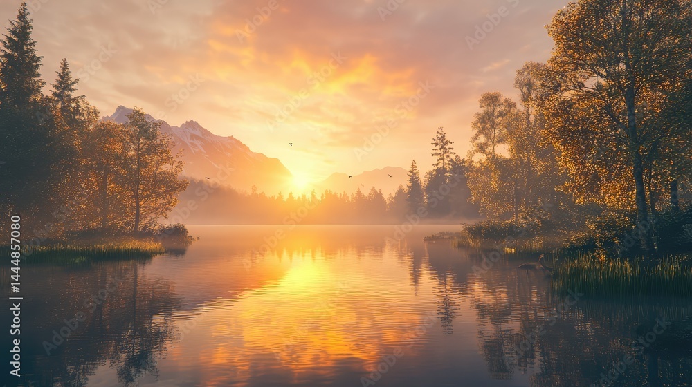 Beautiful Sunset Over Calm Lake Surrounded by Lush Forests and Majestic Mountains in a Serene Natural Landscape with Reflections in the Water Beautiful Sunset Over Calm Lake Surrounded by Lush Forests and Majestic Mountains in a Serene Natural Landscape with Reflections in the Water