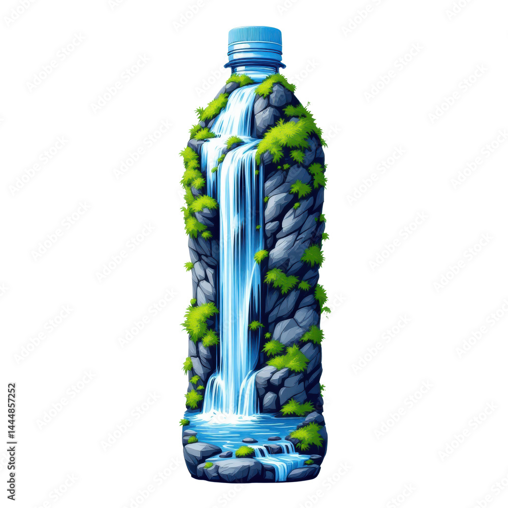 Artistic water bottle design featuring a waterfall and rocks.