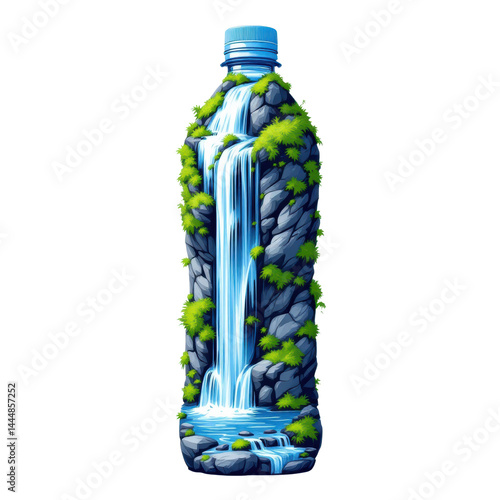 Obraz na płótnie Artistic water bottle design featuring a waterfall and rocks. w salonie
