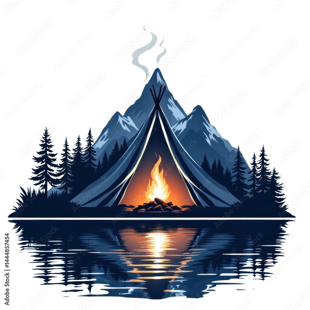 Camping scene with a tent, fire, mountains, and reflection in water.