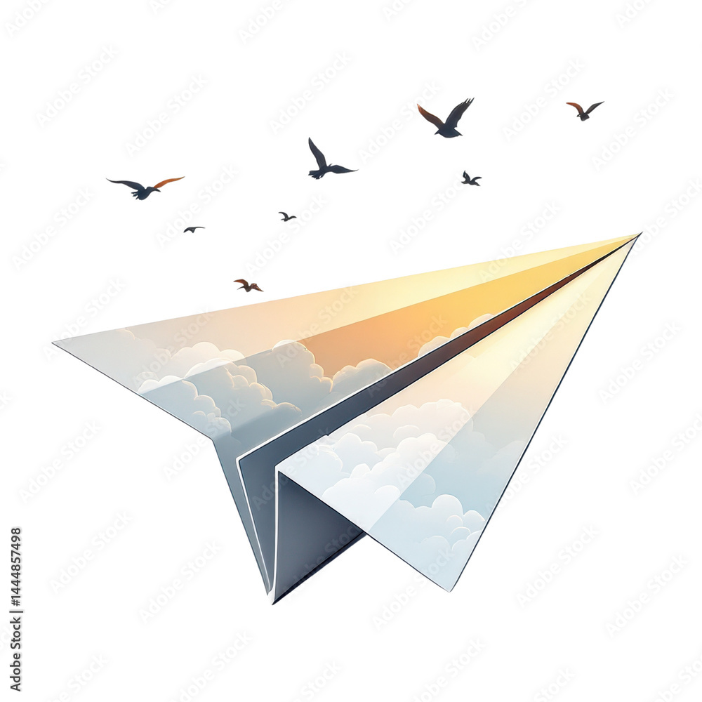 Paper airplane soaring through clouds with birds above.
