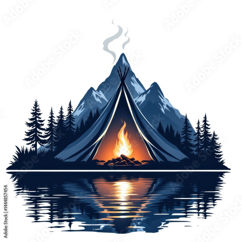 Obraz na płótnie Camping scene with a tent, fire, mountains, and reflection in water. w salonie