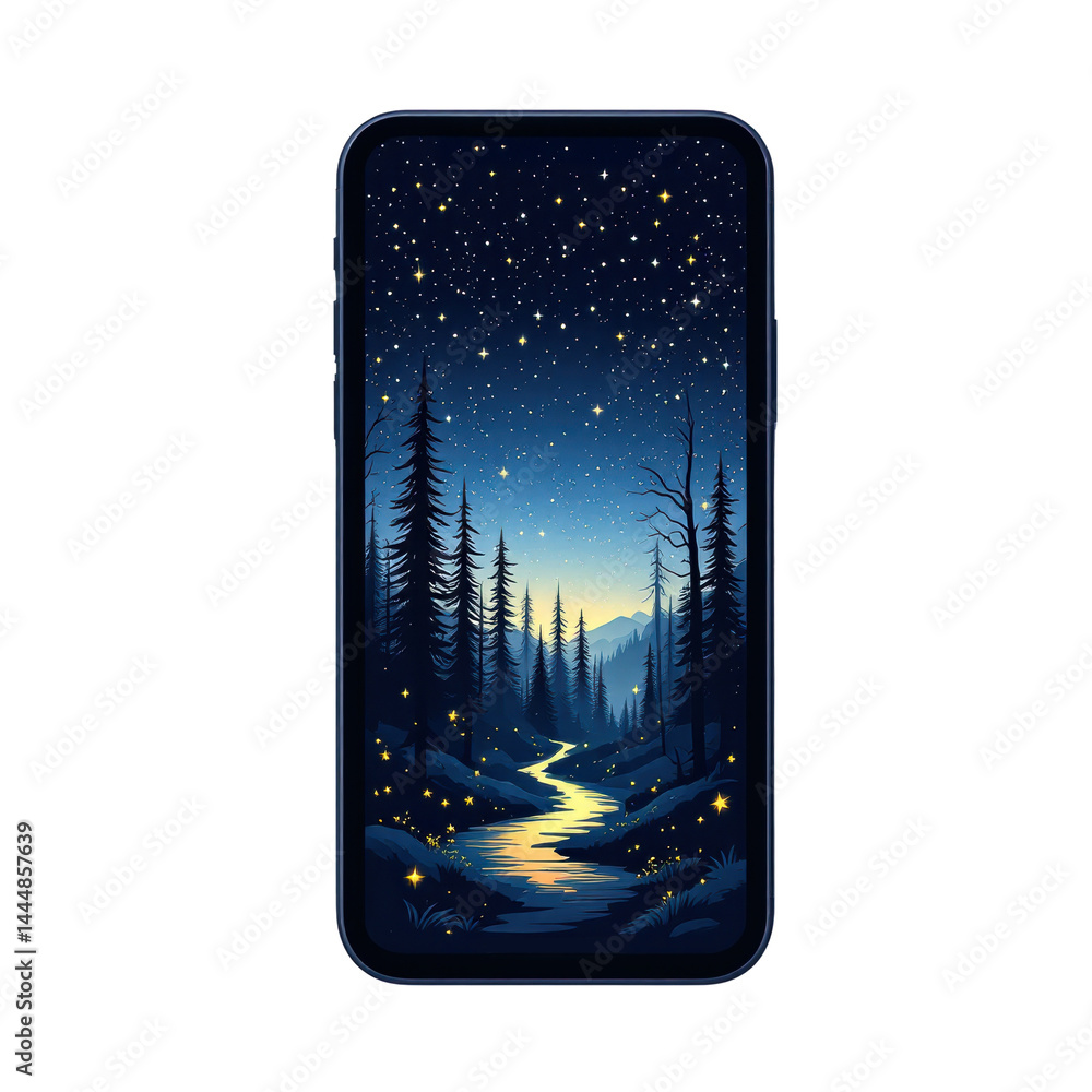 Starry night forest scene with a winding river and mountains in the background.
