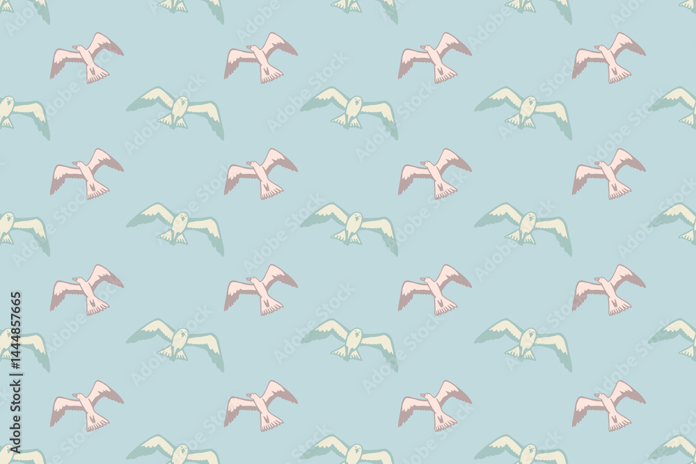 Seamless pattern with seagulls flying in the sky. Summer sea background.