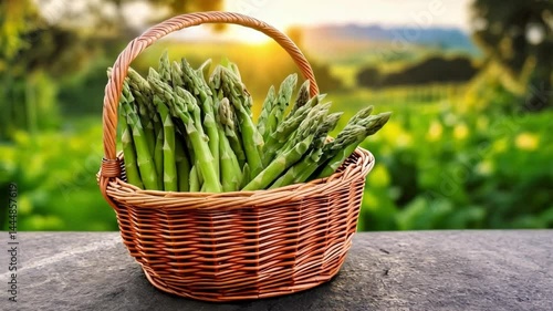 Fresh green asparagus wicker basket stone table, outdoor farm field sunrise, healthy organic vegetable harvest, fresh organic green vegetable from