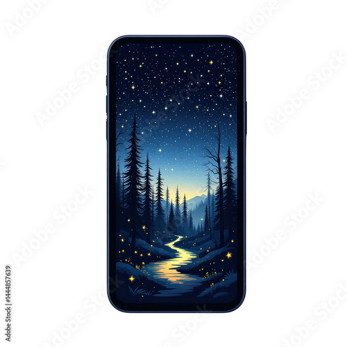 Obraz na płótnie Starry night forest scene with a winding river and mountains in the background. w salonie