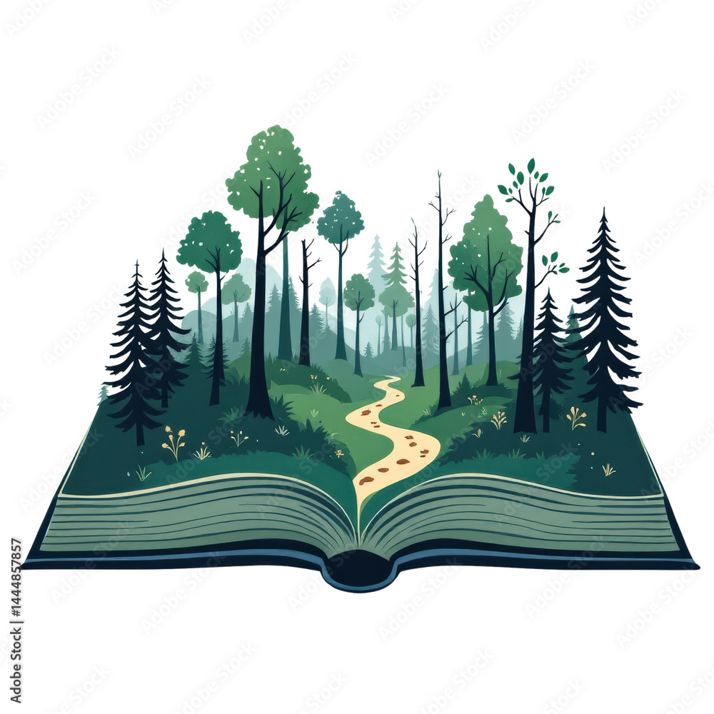 Open book revealing a forest landscape with a winding path.