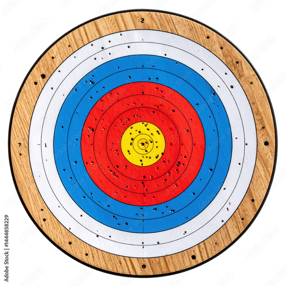 Colorful archery target with concentric circles and scoring zones.