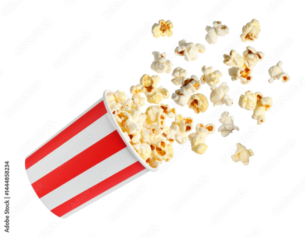 Popcorn spilling from a classic striped container on isolate background.