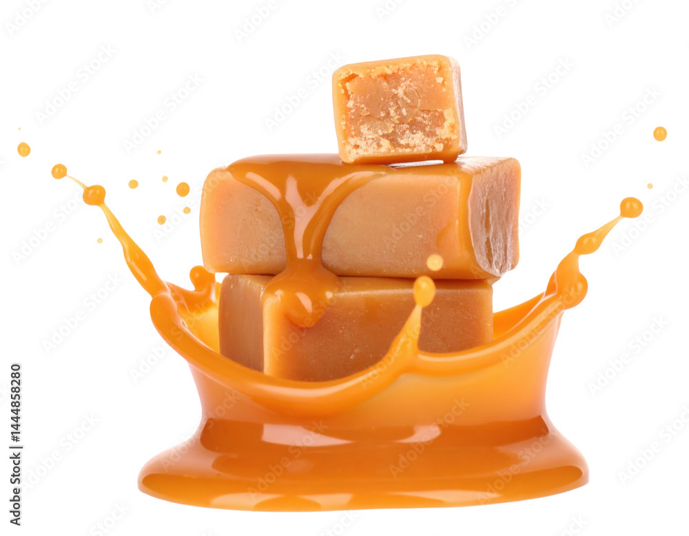 Caramel blocks splashed in syrup against isolate background.