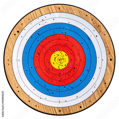 Colorful archery target with concentric circles and scoring zones.