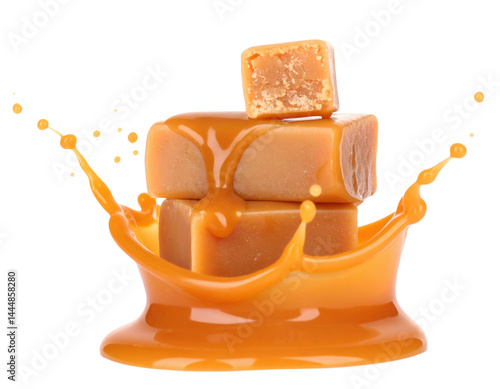 Obraz na płótnie Caramel blocks splashed in syrup against isolate background. w salonie