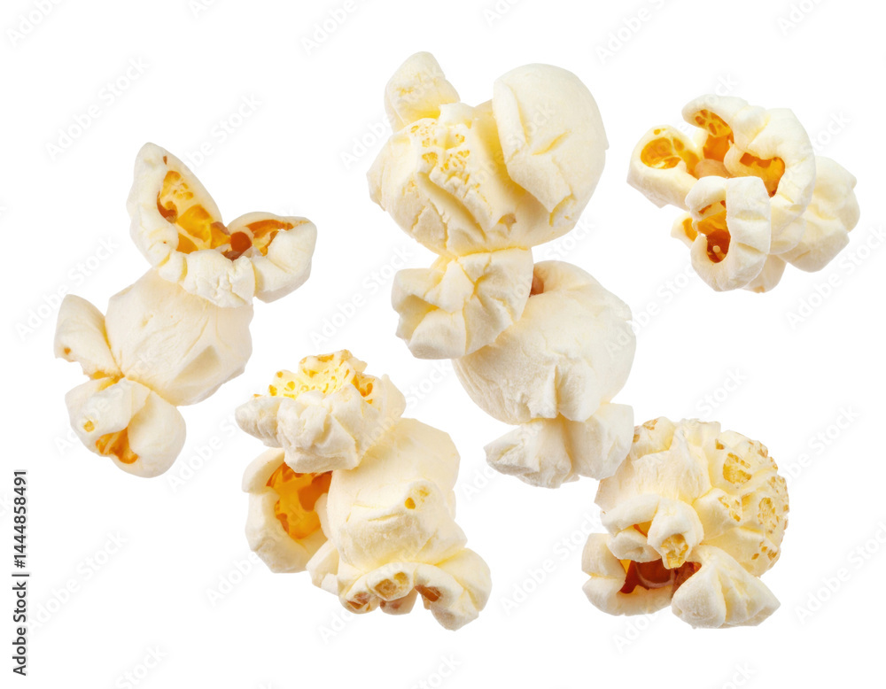Popcorn pieces on isolate background create a playful, snack-themed visual.