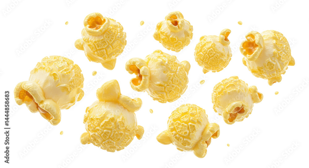 Popcorn kernels popping in mid-air against isolate background.