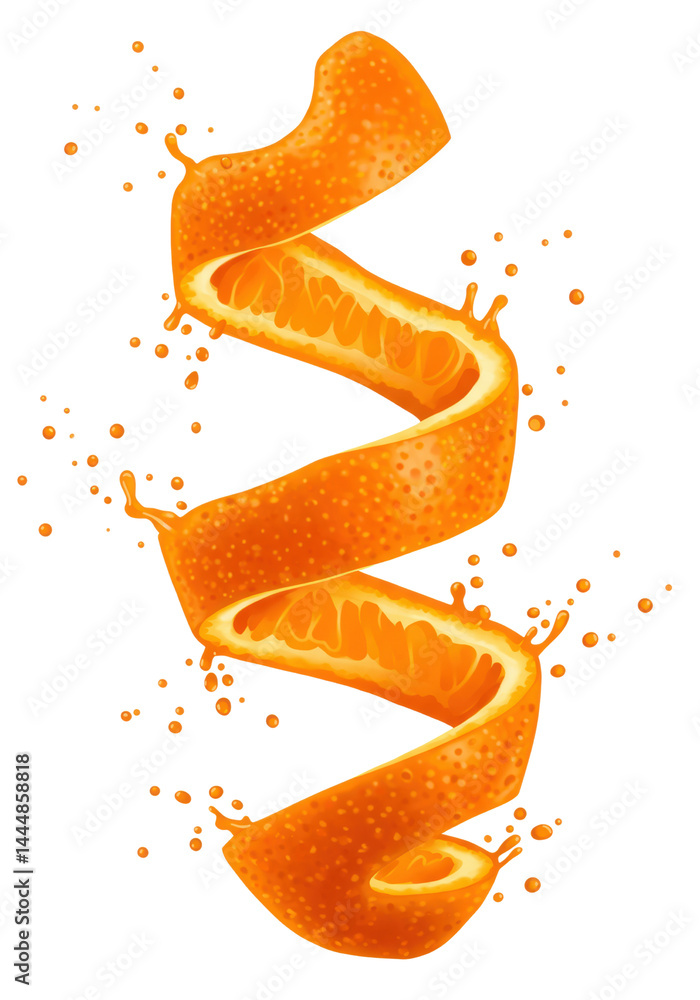 Vibrant orange spiral with splashes, resembling citrus fruit.