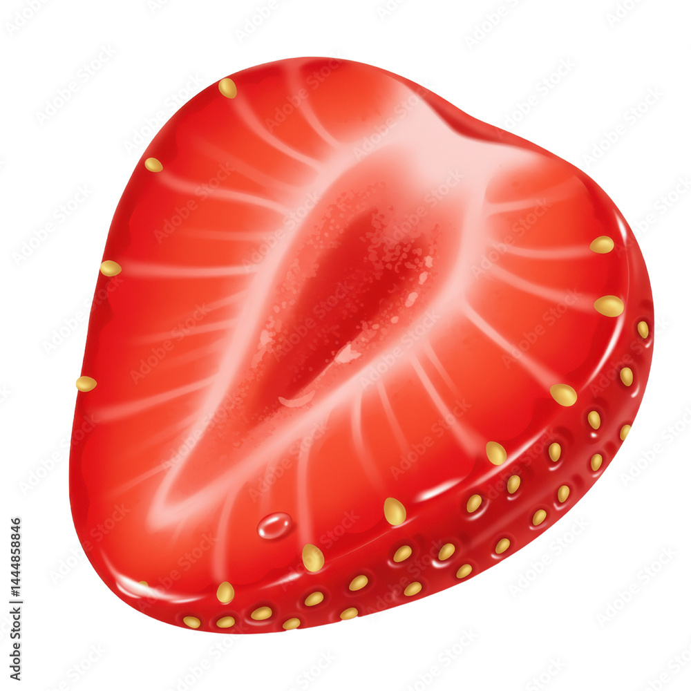 Bright red strawberry illustration with detailed texture and seeds.