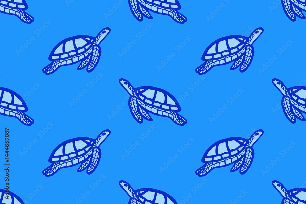 Seamless pattern with sea turtles on a blue background. Summer sea background.