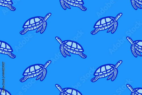 Obraz na płótnie Seamless pattern with sea turtles on a blue background. Summer sea background. w salonie