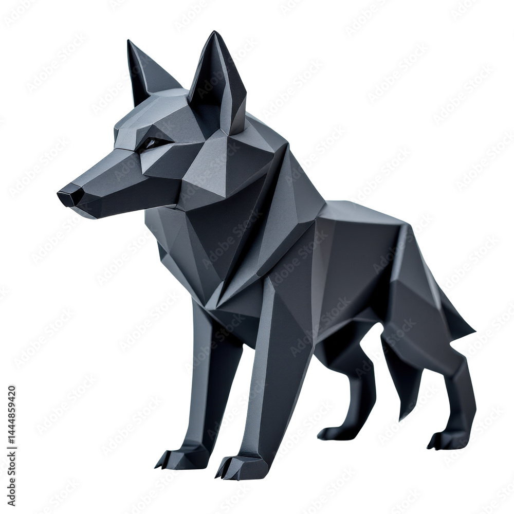 Black geometric fox sculpture on isolate background.
