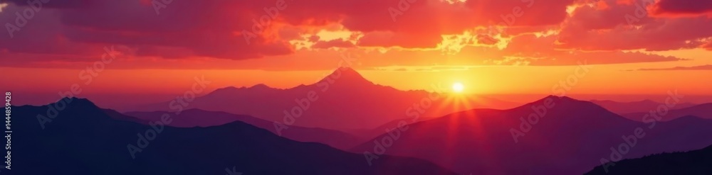 Expansive mountain range silhouetted against a blazing sunset sky , sky, fiery Expansive mountain range silhouetted against a blazing sunset sky , sky, fiery