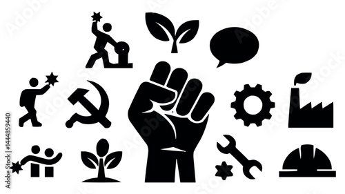 May Day Labor Protest Icons with Raised Fist and Worker Symbols