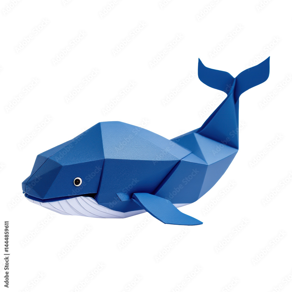 Blue origami whale with geometric shapes on isolate background.