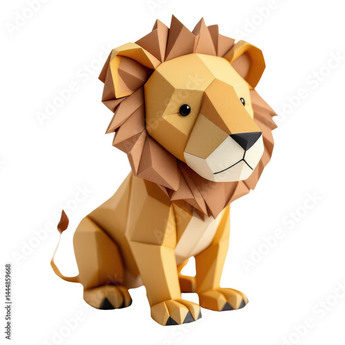Papercraft lion sculpture with geometric design on isolate background.