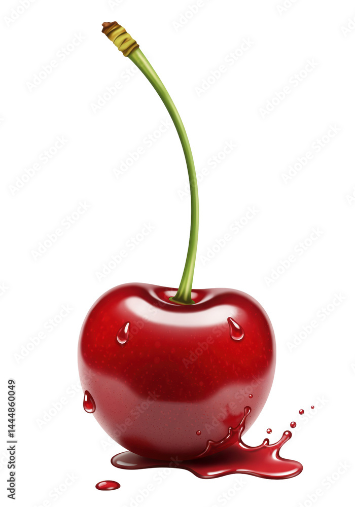 Shiny cherry with dripping juice on isolate background.
