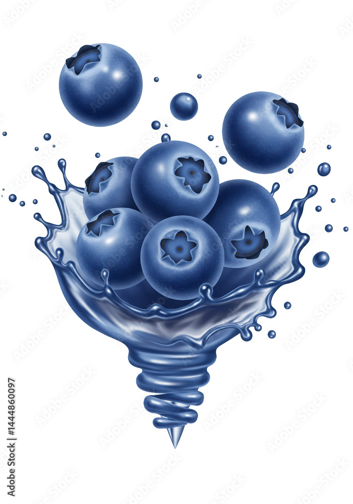 Blueberries splashing in water, creating a dynamic visual effect.