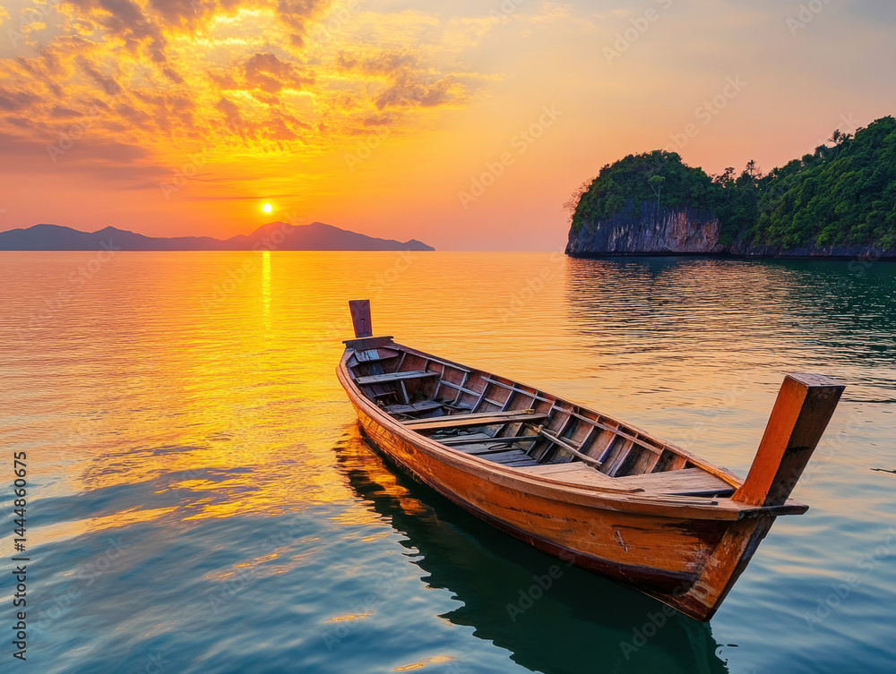 Sunset view over tranquil water with a wooden boat anchored Sunset view over tranquil water with a wooden boat anchored